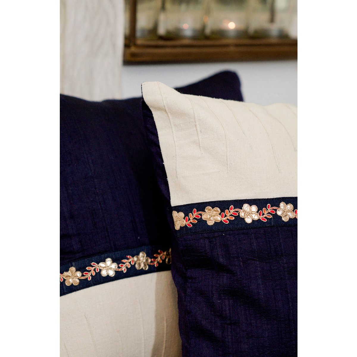 Handwoven Dupion Silk Cushion Cover Dabka Border - Two-Tone