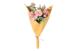 "Tall artificial flower bouquet with pink peonies, green foliage, wrapped in light purple and orange paper, 45cm height"