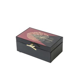  Black rectangular jewelry box with burgundy lid, gold leaf design, metal handle, elegant storage.
