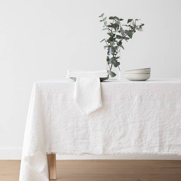 Linen Tablecloth Optical White Terra Fringe
