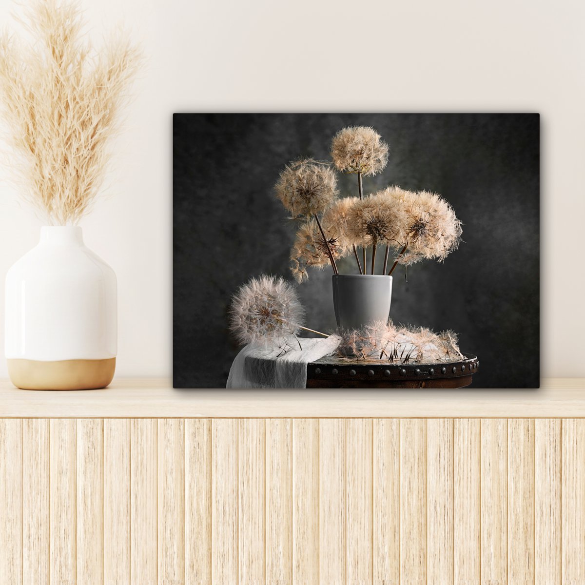 Leinwand Malerei - Wanddekoration - Blumensamen - Löwenzahn - Vase - Stillleben - Bouquet