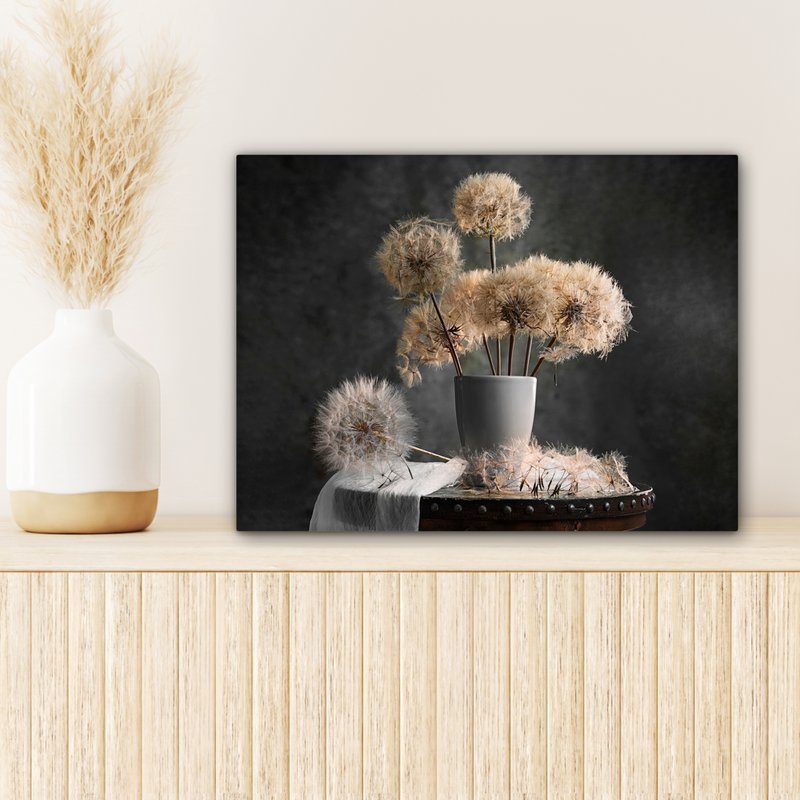Lærredsmaleri - vægdekoration - blomsterfrø - mælkebøtte - vase - stilleben - buket