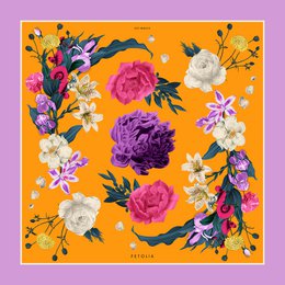 A vibrant floral scarf with a variety of colorful blooms including peonies, roses, and other flowers in shades of pink, red, orange, and white against a bright orange background.