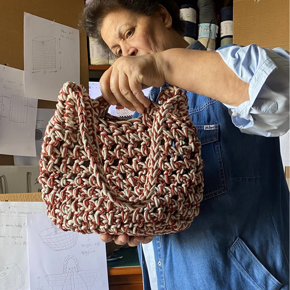 Borsa all'uncinetto "Sparti Cotton" con Crème + Terracotta impermeabile + Terracotta