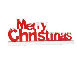 Wooden Merry Christmas standing decoration, red and white in color, with a festive holiday design.