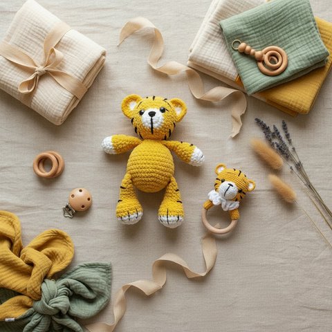 Nuvinokids® Handmade Tiger Cuddly Toy and Teething Set of 100% Cotton