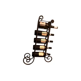 Heavy wrought-iron wine rack, black metal, ornate scrollwork design, vertical tower style, holds multiple bottles.