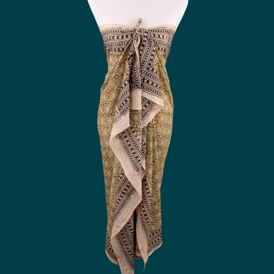 Pareo vert, Sarong, écharpe, serviette de plage, écharpe d'été, chiffon d'épaule, robe enveloppe, composé de coton 100%, imprimé avec des couleurs naturelles, fait à la main