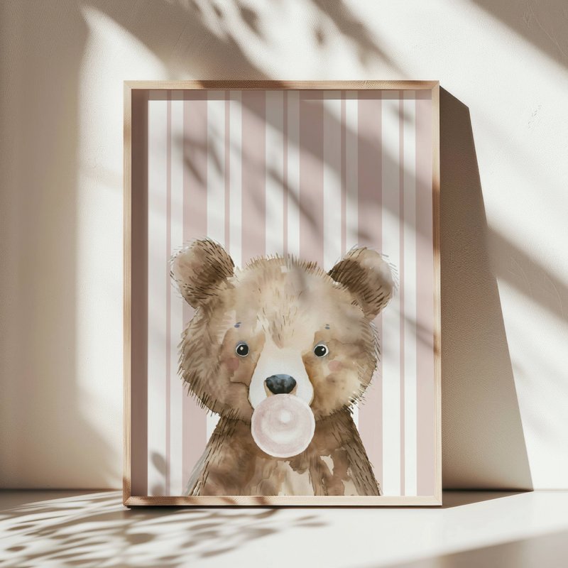 Cartel de chicle de oso, cartel de animales del bosque, impresión de oso, cartel de oso lindo, cartel de la habitación de las niñas, impresión de arte de la guardería de las niñas, habitación de las niñas