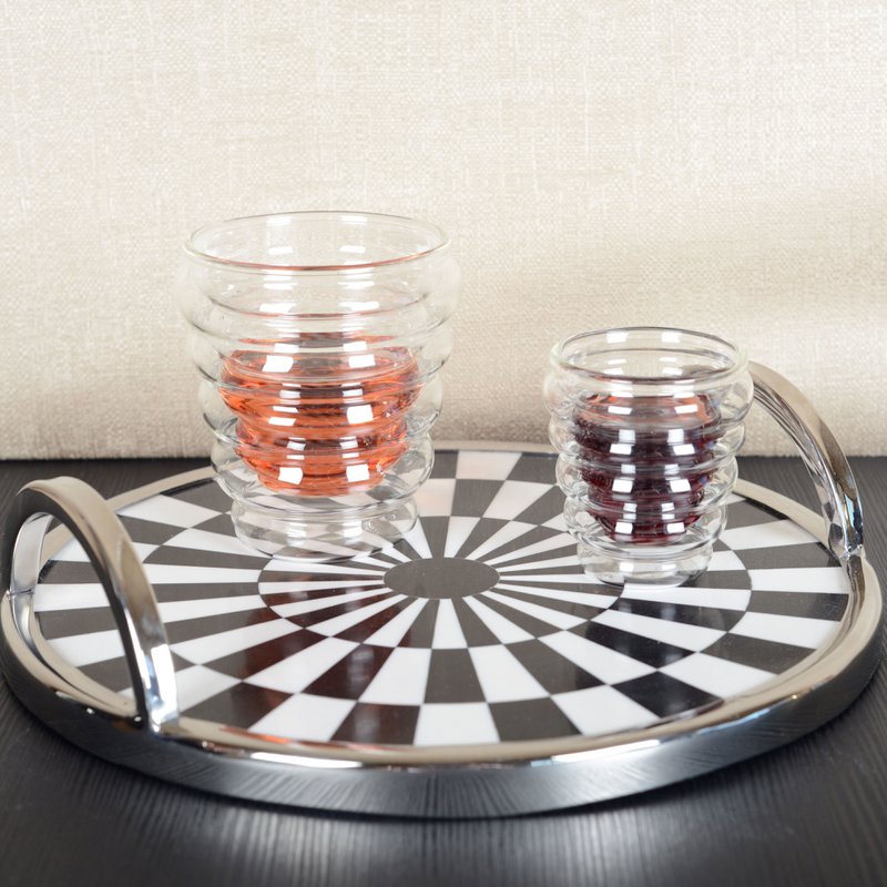 Round tray black and white tiles 28x28x6cm