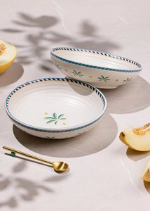 Serving Bowl | Ceramic Shallow Palm Tree Motif | Set of 2