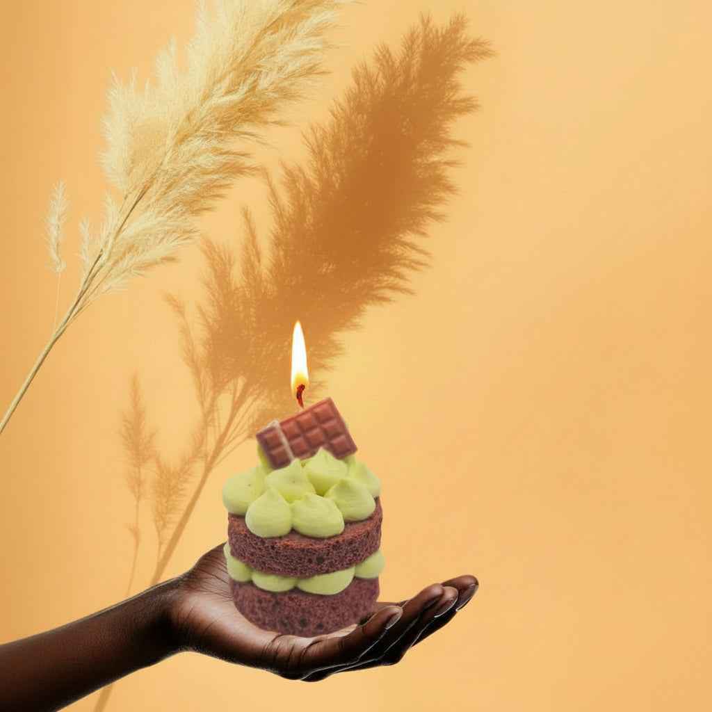 LAVURI DUBAI Chocolate cake candle, 100% handmade scented candle made from soy wax, pistachio cream look on a fluffy cake base