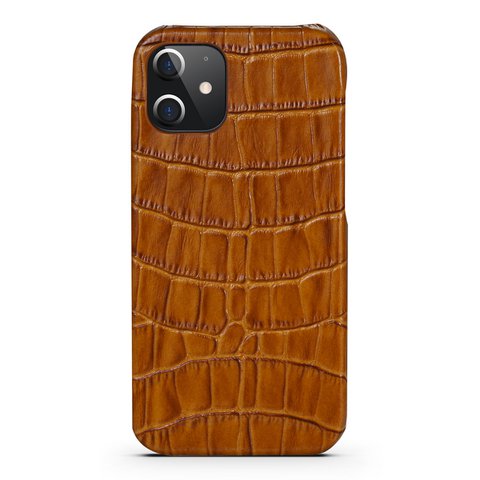 Hoesje iPhone 12 Mini Met Kroko Print Lichtbruin Leer – Apple iPhone 12 Mini Hoesje Cognac Kroko Print Leer
