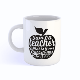 A black and white mug with the text "I am a teacher what's your superpower?" printed on it. The mug has a simple, minimalist design with a stylized apple icon.