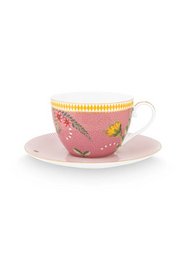 Pink ceramic cup and saucer with floral pattern and gold trim. Suitable for hot beverages.
