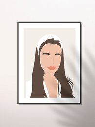 Minimalist portrait of a woman with long dark hair and a serene expression.