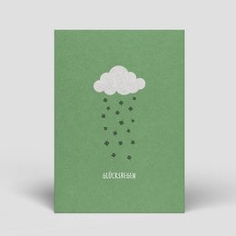 A green postcard with a white cloud and rain drops, featuring the text "Glückskarte" (Good Luck Card) in a minimalist design.