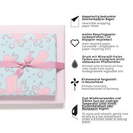 Papier d'emballage à la menthe et rose avec des poulpes, le papier d'emballage des enfants avec un motif de poulpe pour l'anniversaire des enfants, pour des cadeaux pour la naissance ou le baptême
