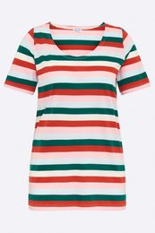  Multicolored striped women's t-shirt with short sleeves.