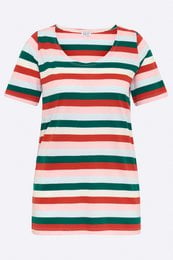 Multicolored striped women's t-shirt with short sleeves.