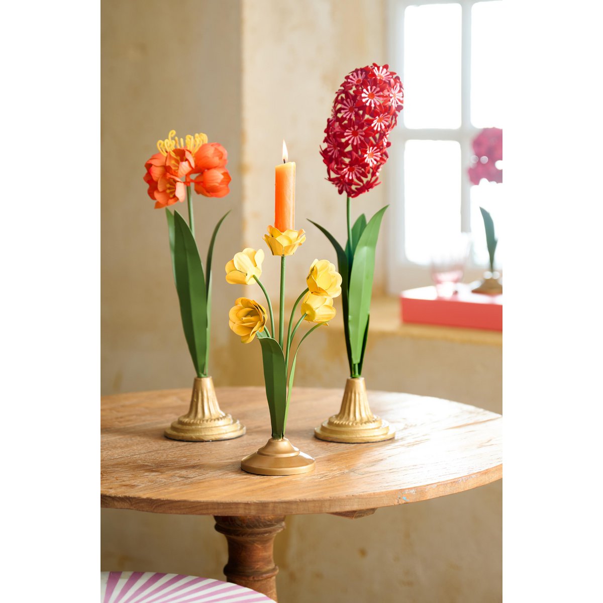 Candle Holder Metal Flower Orange 22.5cm