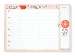 A4 size weekly planner with a kawaii, family-friendly design featuring a red heart and floral elements. The planner includes sections for daily planning and a to-do list.