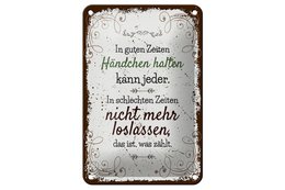 Blikken bord met de tekst 'Houd elkaars hand in goede tijden' bord van 12x18 cm