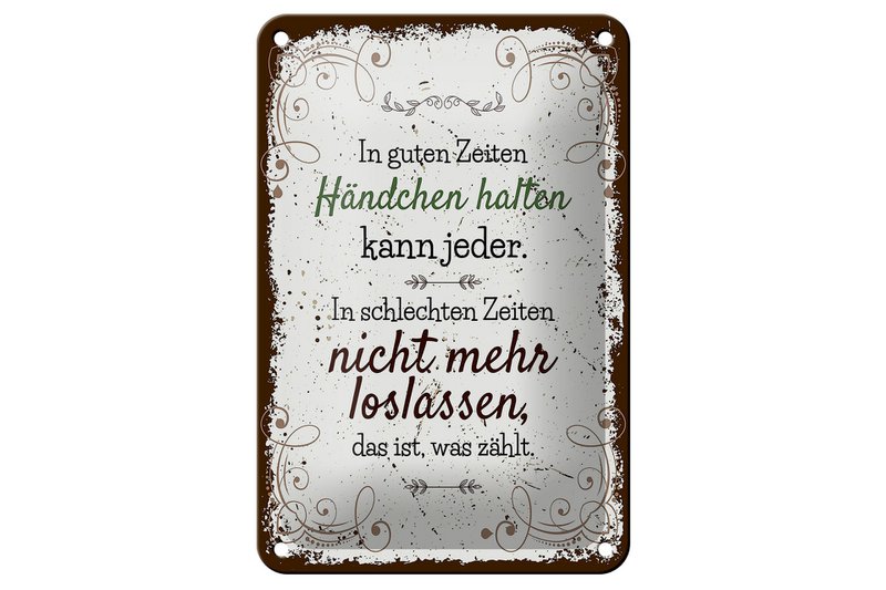 Blikken bord met de tekst 'Houd elkaars hand in goede tijden' bord van 12x18 cm