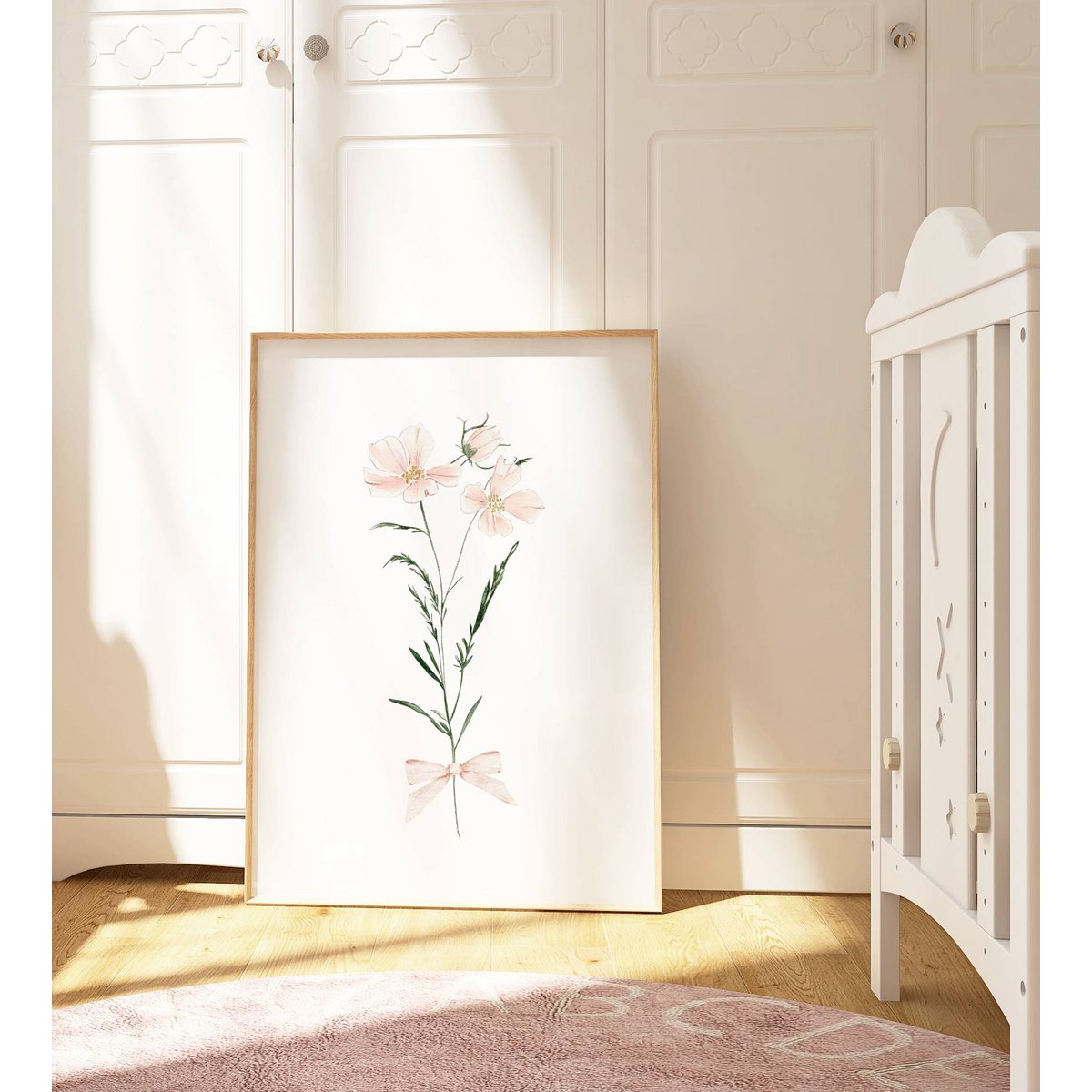 Blush spring flowers with bow, pink wildflowers poster, wildflowers bouquet print, floral nursery print, botanical poster, flower poster, floral nursery print, wildflowers poster, floral nursery poster, peach flowers