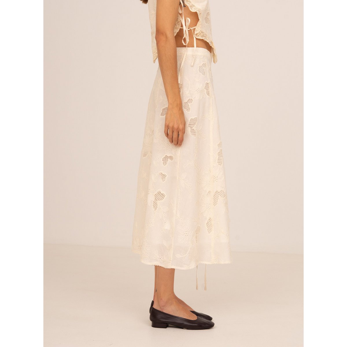 Sunlit Cream Embroidered Midi Skirt