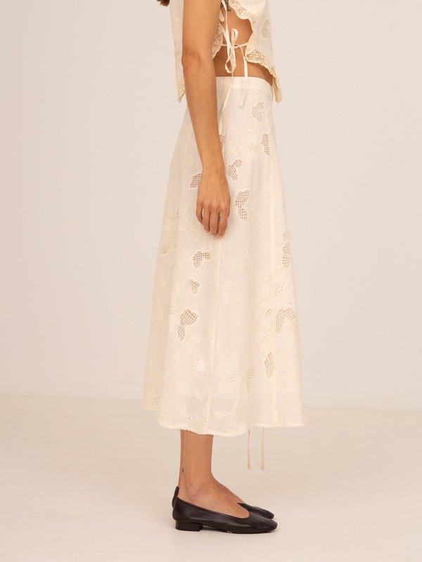 Sunlit Cream Embroidered Midi Skirt