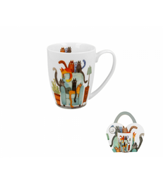  Colorful ceramic mug with infuser and giftbox, featuring whimsical cat and furniture illustrations. Ideal for tea or coffee.