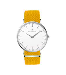 Classic white watch with a sunshine yellow woven strap.