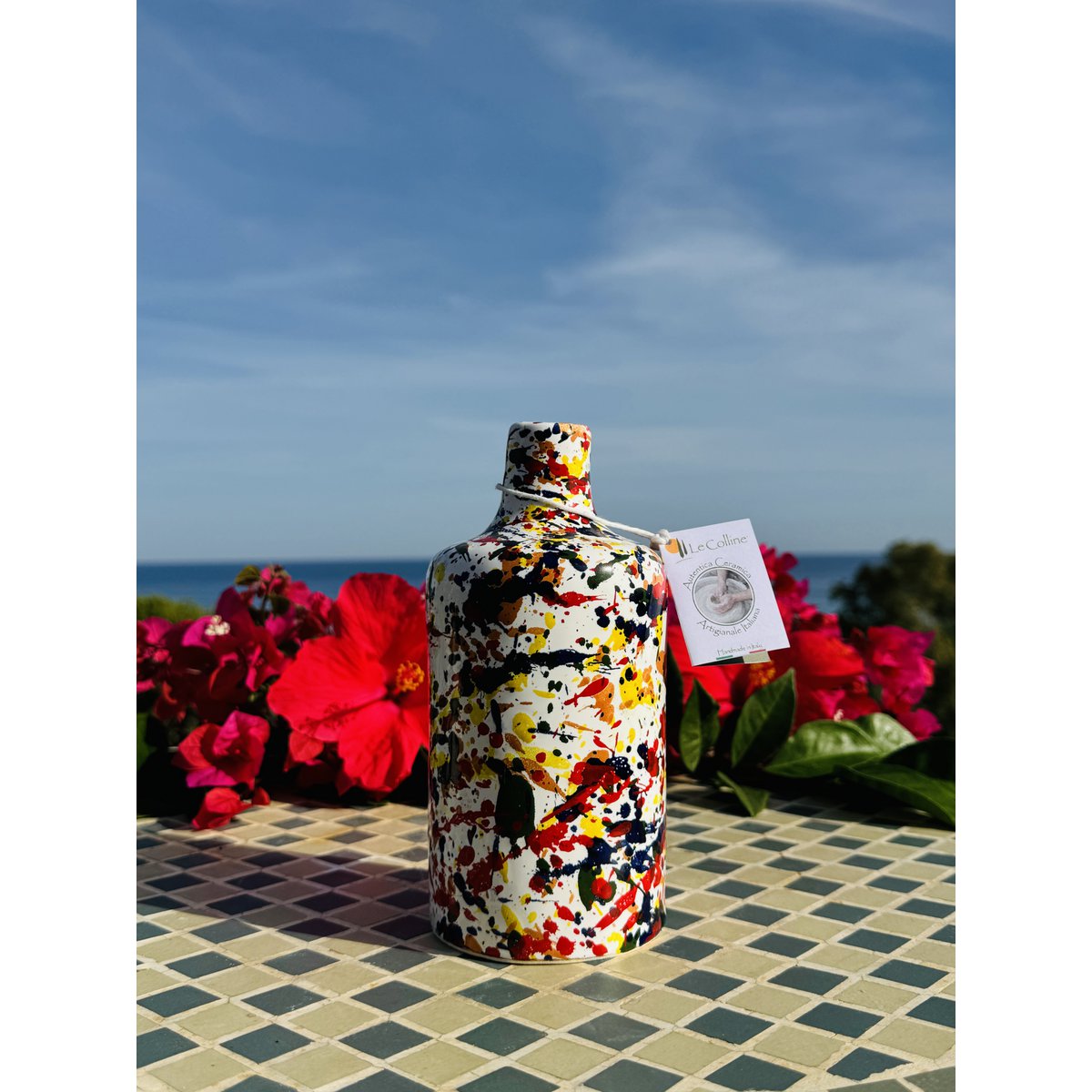 Handgemaakte kleurrijke olierijolie Oil Donor Oil Kik keramische fles "Arlecchino" voor olijfolie uit Italië 250 ml