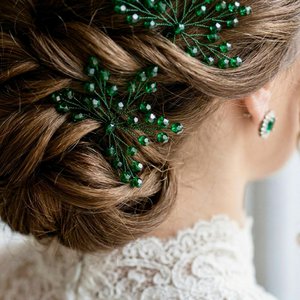 Olive green crystal hair pins with gold shimmer