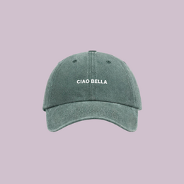 Green washed cotton kids cap with "CIAO BELLA" text embroidery, curved brim baseball style