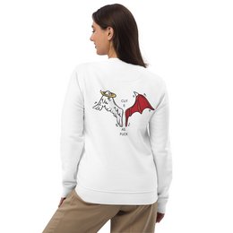 A&D unisex organic sweater in French Navy, Schwarz, Canyon Pink, and Weiß colors. Made of organic materials, with a relaxed fit and crew neck design.