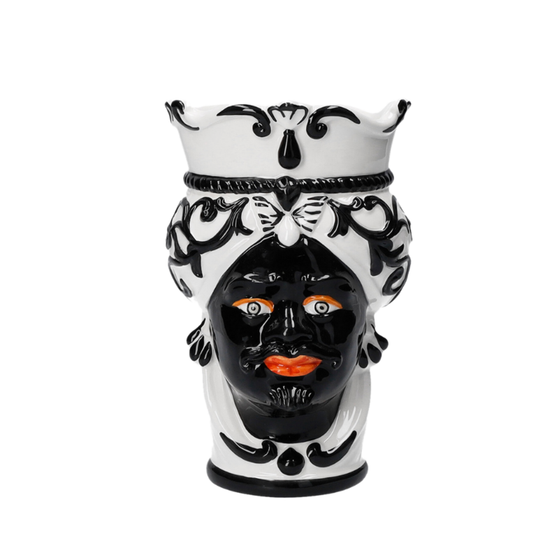 Weiß/schwarze Männerkopfvase aus Keramik, H 20 x Ø 14 cm