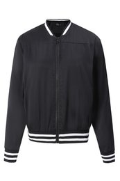 Black long-sleeved varsity jacket with a chic and stylish design, suitable for women. Features a front zipper closure and ribbed trim at the cuffs and hem.