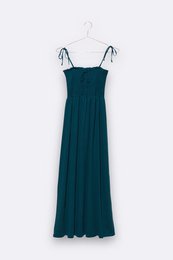 Teal jersey dress with spaghetti straps and a flowing, ankle-length silhouette. Suitable for women.