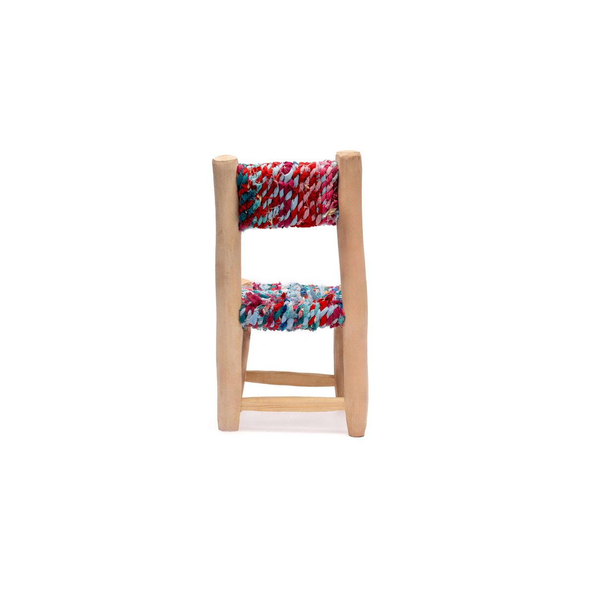 Silla Infantil, Sillita de Madera Natural tejido Boucherouite y Tela Multicolor, Silla Artesanal. Asiento infantil