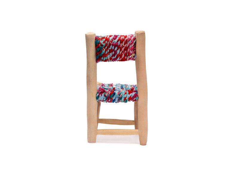 Children's Chair, Natural Wood Chair made of Boucherouite fabric and Multicolor Fabric, Handmade Chair. Child seat