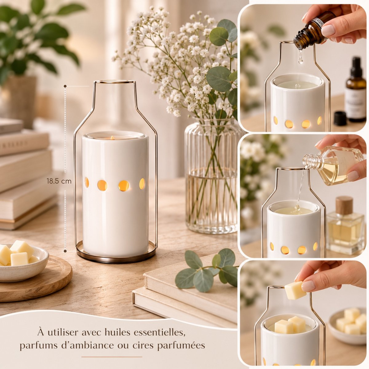 Parfümbrenner Inspirationsserie – Rückseite – Fondants und duftende Wachse – Teelichthalter aus Metall und Keramik – Diffusionszubehör