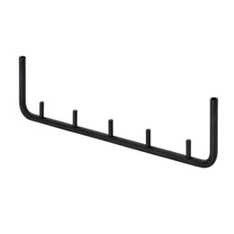 Black metal key rack with multiple hooks for hanging keys.