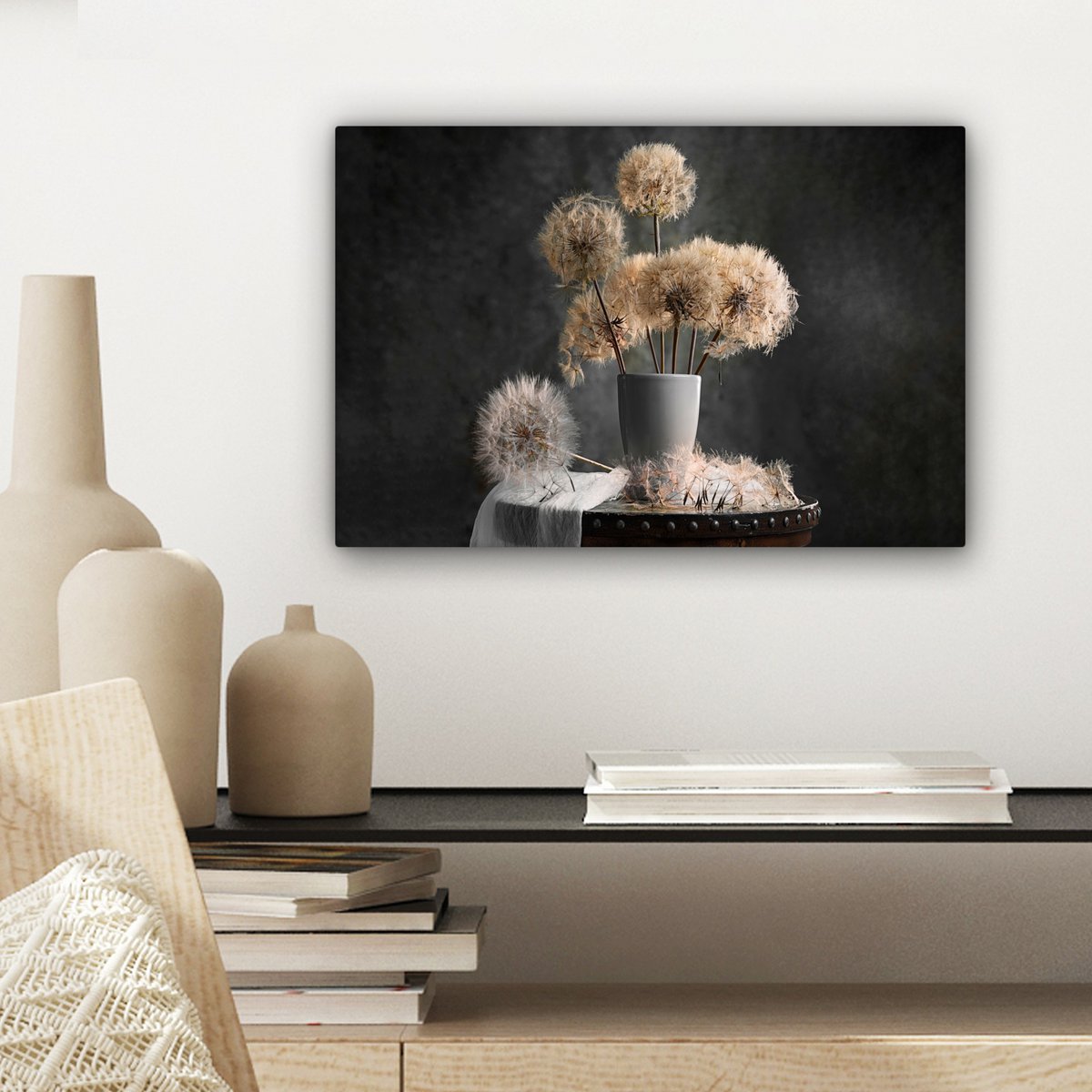 Leinwand Malerei - Wanddekoration - Blumensamen - Löwenzahn - Vase - Stillleben - Bouquet