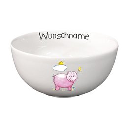 Porridge bowl with pig design and optional personalized name. Ceramic bowl in white color with pink pig illustration and text "Wunschname" (customizable name).