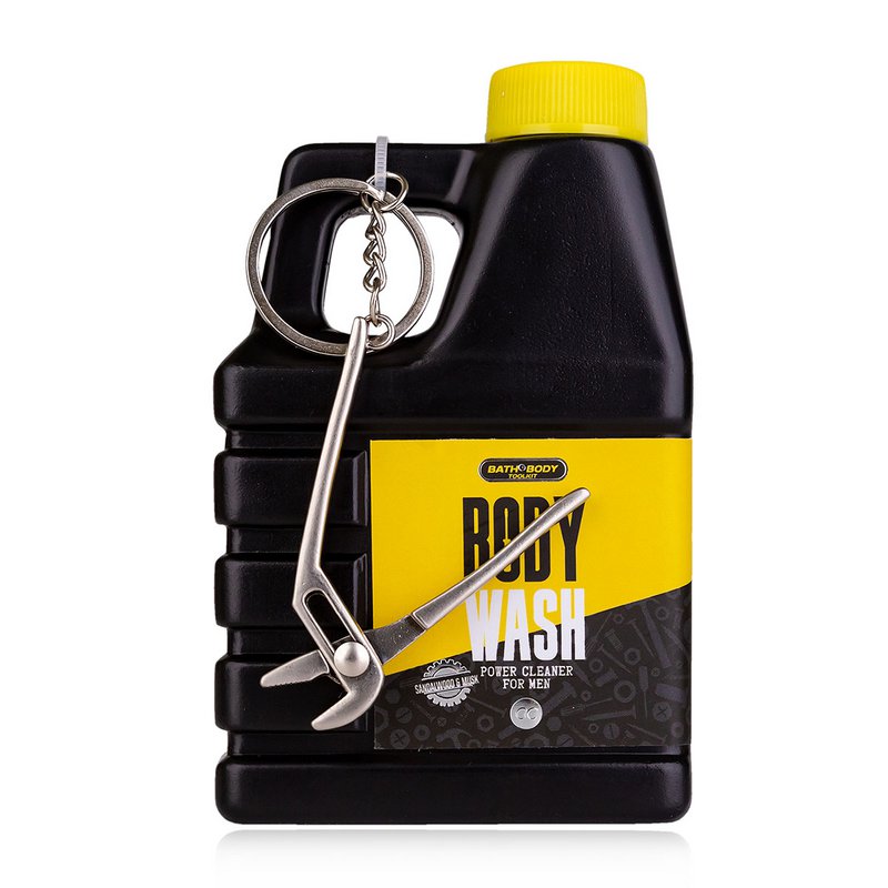 Gel de ducha para hombres Bath + Body Toolkit en un recipiente con llavero