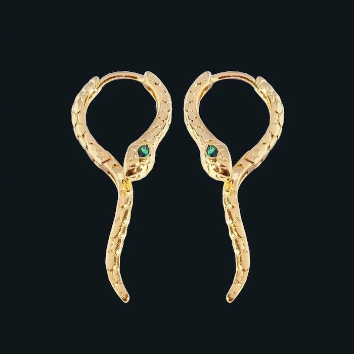 Unique Green-eye Cobra Design Earrings - Gold & Silver