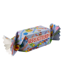 Colorful gift wrap with congratulatory message. Rectangular shape, suitable for wrapping small gifts or candies.