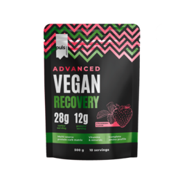 Advanced vegan protein powder in strawberry flavor, 28g of protein per serving, suitable for recovery after workouts.